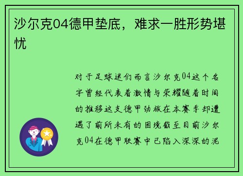 沙尔克04德甲垫底，难求一胜形势堪忧